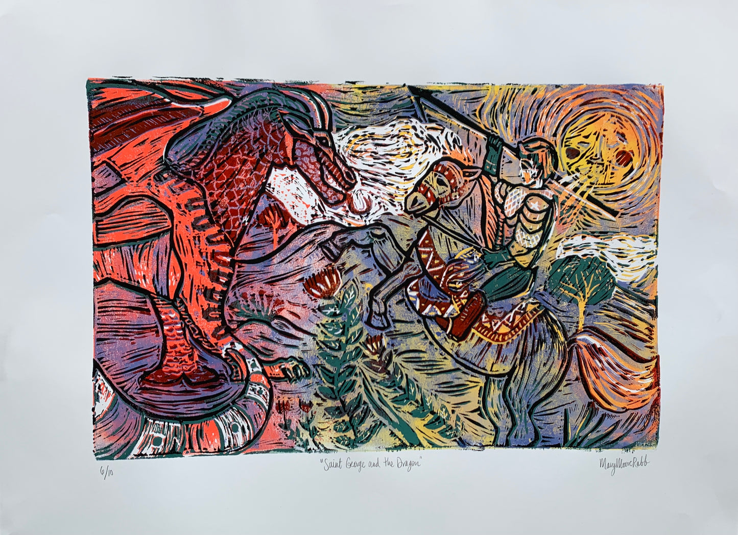 "St George and the Dragon" Reduction linocut, edition 10, size 18” x 24”. 2021