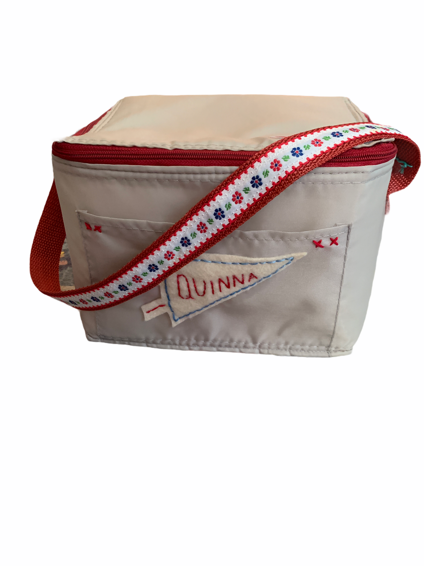 LUNCHBOX | Hand Embroidered and Personalized | Pebble/Red