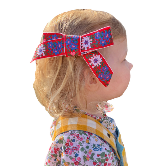 Bow Barrette - LARGE- Red Austrian Flowers